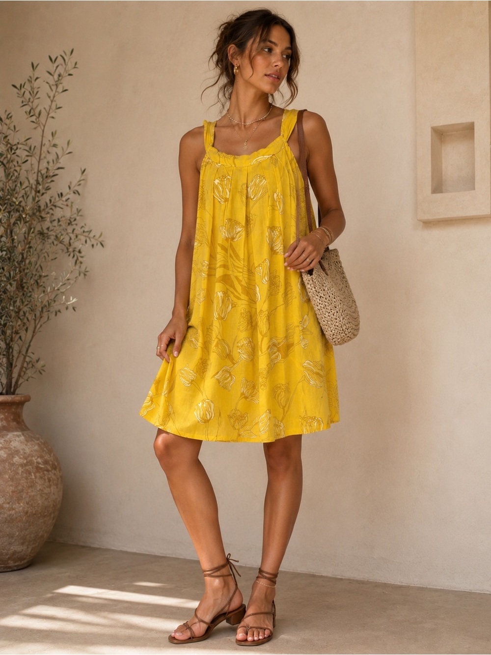 Yellow Floral Linen Blend Sleeveless Dress Size M